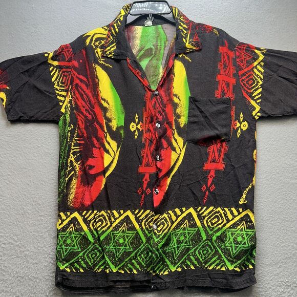 Vintage Bob Marley Shirt Mens Medium Rasta Reggae Rayon Button Allover Print Blk - Picture 2 of 9